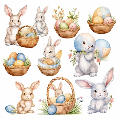 watercolor, cute set of easter eggs, baby rabbit, eggs, basket with eggs, stickers, clipart on white background, pastel colors, pencil textures, with a white background