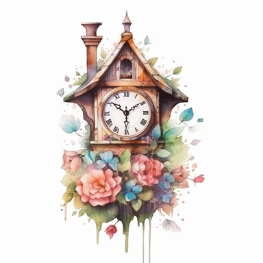 Cute Beautiful Pastel Color Clock House Flower Watercolor Clipart,Cartoon, hyper realistic, intricate detail, illustration style,high solution,on the white background