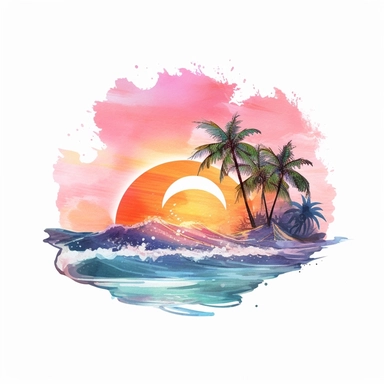 watercolor, beach sunset, waves, beach, palm trees, beautiful, clip art, multiple colors, cute, cartoonish, white background