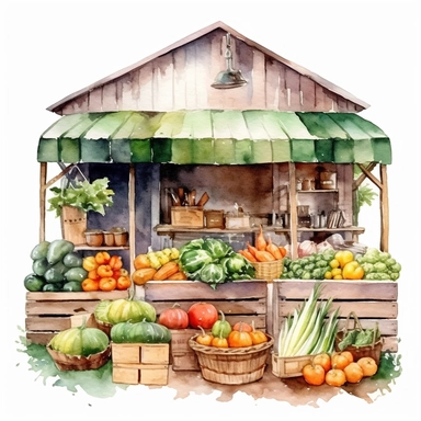 watercolor colorful clipart of a bountiful farmer's market, hd, on white background