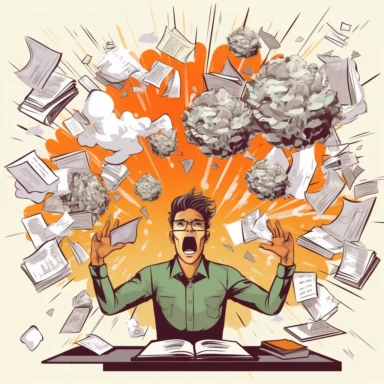 Design a clipart set depicting an office worker with an exploding mind and stacks of paperwork in the background. The office worker should be positioned on the center of the clipart with outstretched hands and a facial expression of stress and overwhelm. The exploding mind could be represented by a thought bubble with explosions, or lightbulbs bursting and scattering sparks. The paperwork in the background could be stacks of documents piled high on the desk or wall, highlighting the worker's hea