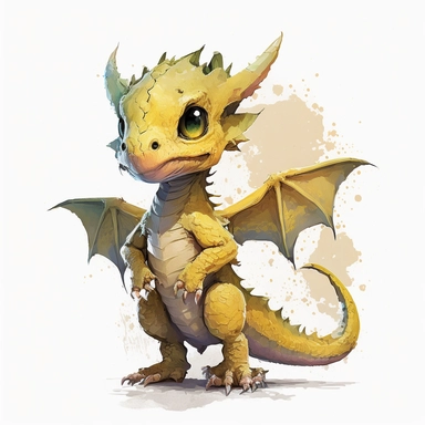 digital watercolour painting of a cute baby yellow dragon character standing with arms folded, full body shot, clipart, white background, super cute, long pointed snout, happy, world of warcraft, mcfarlane dragons
