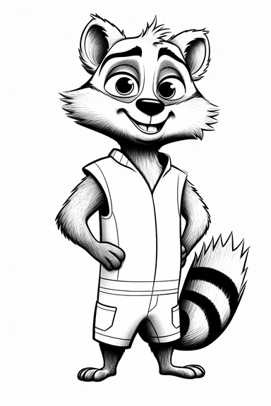 pixar Raccoon clipart, simple line art, monocromatic, isolated on white background, color image, full body, stroke line art, for toddler coloring, 8k