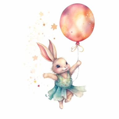 A fairytale style cute fairy baby bunny flying with a balloon with watercolor effect,suitable for digital clipart,white background,magical twinkles,magical scene,fairy soft colors