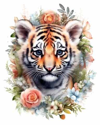 detailed watercolor Baby tiger with flowers, hyper realistic, isolated on a white background, clipart