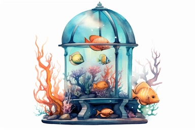 Watercolor, Aquariums, clipart, hd, on a white background, spaced out