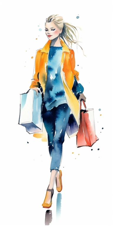 Cute Girl walking in profile, carrying multiple shopping bags in jump .Simplicity watercolor clipart by Thomas W.Schallerof. Transparent white background, png