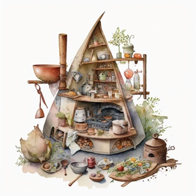 a hyper-detailed illustration watercolor clipart of a whimsical kitchen of a fairy house built out of natural materials by a human,complete kitchen utensil and kitchenware and foods in preparation watercolor illustration, illustration style a combination of Beatrix Potter and Tove Jansson,isolated on white background with margins, cut-out images