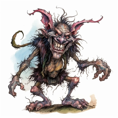 WEIRDCORE detailed illustration of a whimsical fantasy TROLL creature in a creepy, eerie style with a sense of dark magic, featuring large shoes, large eyes, and a big grin, watercolor and ink,clip art, cartoon, 8k, ar 9:8