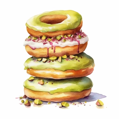 a beautiful detailed watercolor artwork of delicious stack of pistacchio donuts, food art, clipart, clear border, hd, on white background,