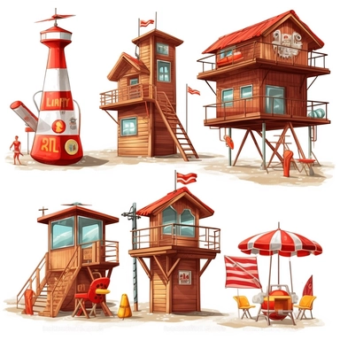 atercolor beach lifesaver and lifeguard huts , illustrations clipart set, simple, , cartoon elements ,different variants , separate elements with a margin, wooden and plastic elements elemets, helicopter, lifesaver boat, jetski ,4k, high resolution