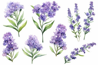 Watercolor clipart collection of matching and coordinating Limonium. isolated elements on a white background with a wide margin. Highly detailed, shading, distinct flowers