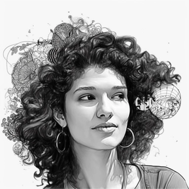 a woman unlocking creativity through chatgpt. Generate the image with black and white clipart. Use this woman as inspiration