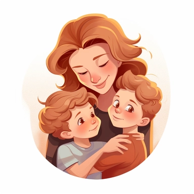 Cartoon clipart, caring mother and two sons, caring hugging. white mother with straight dark blond hair and upturned nose, with two sons with blond curly hair hugging each other loving