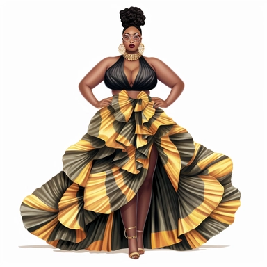 socialite black woman bods, plus size, long massive braids, full glam, fashion icon, talented and good vibes, dressy pant and couture frilly outfit, clipart, Juneteenth colors, white background