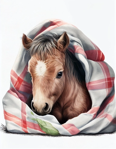 baby horse in a blanket, watercolor clipart, transparent background,