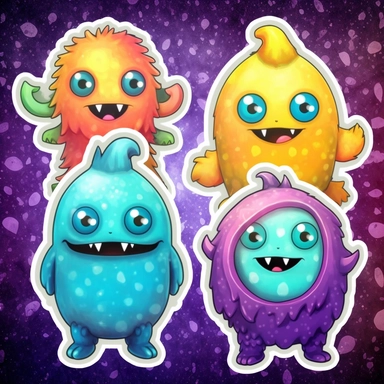 3 stickers with white background and border, emoji clipart as cute monsters, seemless pattern, high res, iridescent, some bioluminescent