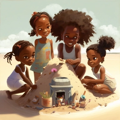 pixar , disney illustration of Sag Harbor , a group of children making other sandcastle icompetition , from the community's stunning Sunset Beach, east hampton , summer vaction, beach town , summer days , muted tones , shy warm heart , pixar , hyper detailed , smooth skin realistic animated — Happy Black kids Smiling art,black girlsclipart, Funny black girl , Cheerful african american kids building many different sand castles , clipart, afro ,Full body with legs , Cottage core , preppy , Highly 