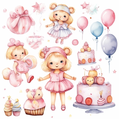 Clipart image, baby girl birthday party, clothes for princess, mix of poses and expressions, cakes, balloon, bear plushies, space out, cute, little princess, white pink inspired, white background