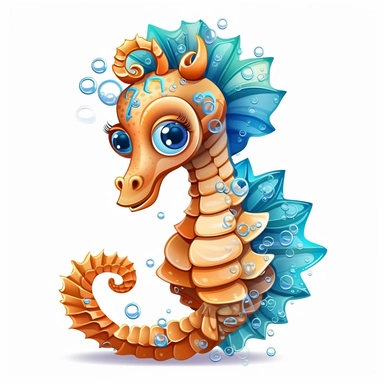 Illustration of a cute Seahorse against white background, cartoonish style, highly realistic, white background, clipart, PNG pure white background, high resolution, hyper detailed, best quality, high detailed illustration