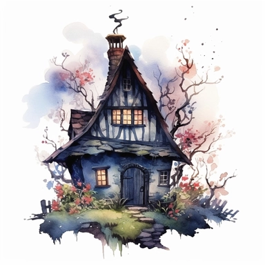 watercolor witch house, on a tree, flowers around, mystic, vintage style witch house, super high quality, professional watercolor clipart, high resolution, clip art, animals on the sides
