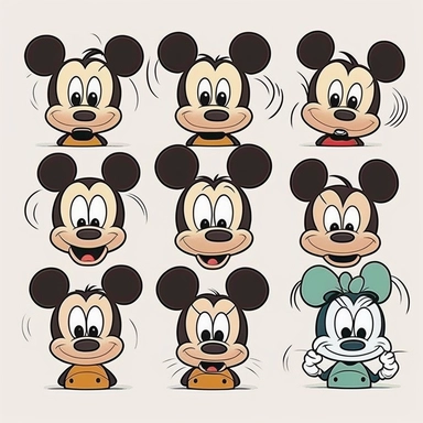Disney style Mickey Mouse 2x2 character concepts, Disney cartoon style art, adorable eyes, classic 2D vector art with white background, high detail, clean lines, solid white background, clipart, clip art, bright colors