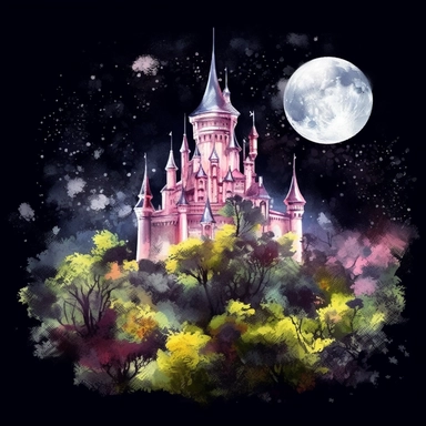 light watercolor Fantasy Castles night scenery on the moon in the garden forest realistic clipart on black background