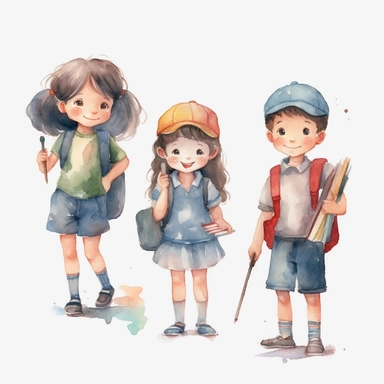 watercolor, collection - School education png Full body realistic cartoon in 32K UHD cute. 15 cm thick outline. Black color. There was no shadow on the ground. 8k with realistic watercolors and detailed illustrations. PNG clipart, transparent white background