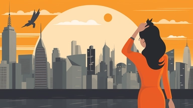 a farewell sign for a co-worker who is going to a new job, woman business partner, New york city skyline, virtual video chat background, thrv, in the style of 90s corporate America clipart, orange and grey
