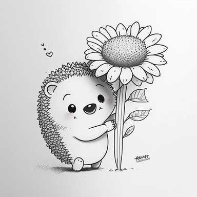 Happy cute cartoon hedgehog hugs a flower, white background, anime style, incredibly detailed , thick outline , Create a sketch of a black and white  Cute and adorable cartoon it , fantasy, dreamlike, surrealism, super cute, trending on artstation design, in a minimal and lineal style. The tattoo should be simple, with clean lines and minimal detail. The sketch should be done in pen or pencil , looking to the camera, clipart, , white background, summer flowers at the bottom, cute, love vibes, su