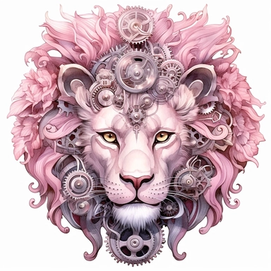 pink watercolor steampunk lion tamer, clipart, metallic, gears, iron pink gray black, 32k. highly detailed
