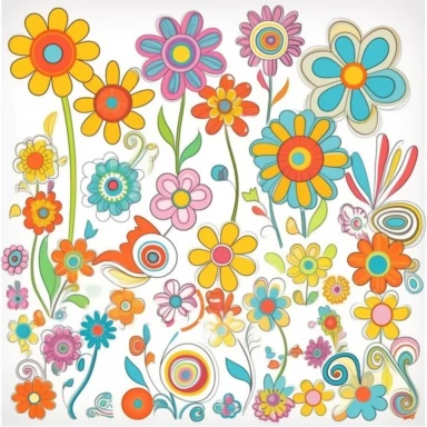 2 Groovy, retro, hippie, flower power, spaced apart, digital printable clipart, crisp vector line art minamilist, white background