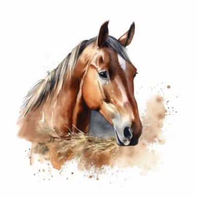 brown horse eating hay watercolor clipart on white background, sharp