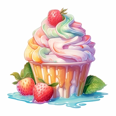 a drawing of a dessert featuring candy and whipped cream, in the style of pastel toned, shiny/glossy, colorful fantasy realism, caffenol developing, warmcore, #screenshotsaturday, rubens, white background, isolated, free brushstrokes, watercolor illustration, clipart,