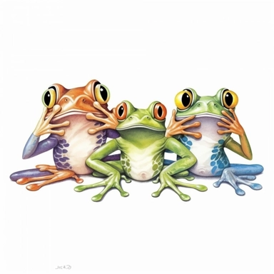 Cute Beautiful Funny three frogs cover their mouths, cover their ears and blindfold Sublimation Clipart,Cartoon, hyper realistic, intricate detail, illustration style,high solution,on the white background