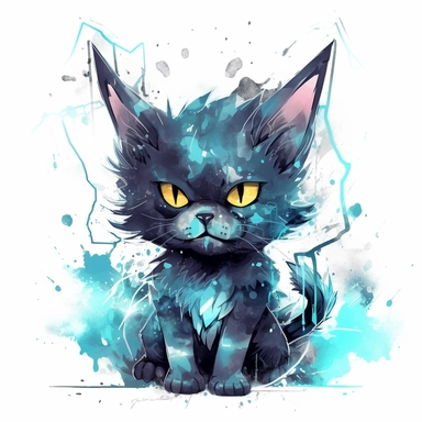 watercolor of cute electrical god cat, black and teal lightning strikes, vector free clipart illustration, in the style of unreal engine 5, 32k uhd, detailed