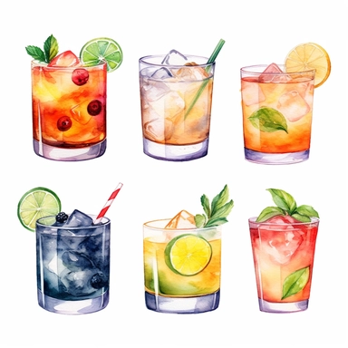 Alcohol cocktail collection. Watercolor illustration. Drinks clipart