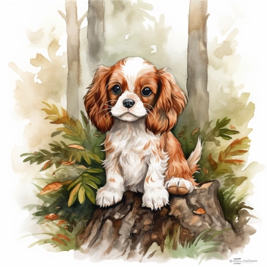 create a beautiful detailed and original watercolor clipart image of a small happy and adorable king charles cavalier puppy in a beautiful redwood forest by sitting next to a large tipped over tree trunk, include fall colors, include detail to grass and fall leaves being crushed under the tree trunk, white background, no text, no font, no word