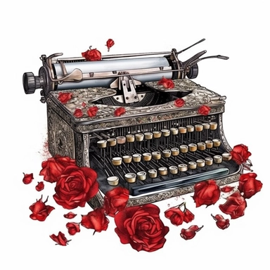 clipart, highly detailed cobweb-covered typewriter, red roses, watercolor, transparent background, white background