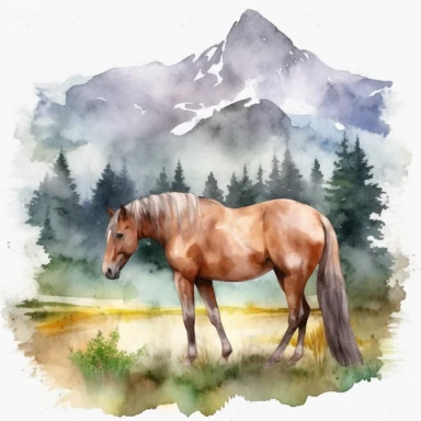 watercolor horse clipart, high detail, grazing in moutain meadow, white background.