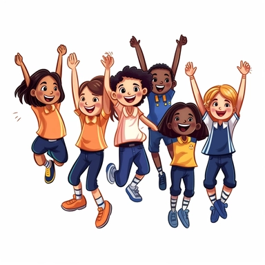Clipart group of students doing jumping jacks together in their PE uniforms, white background.