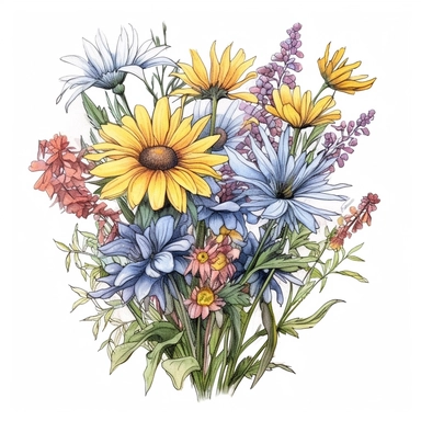 bouquet of wildflowers color pencil sketch on a white background for clipart