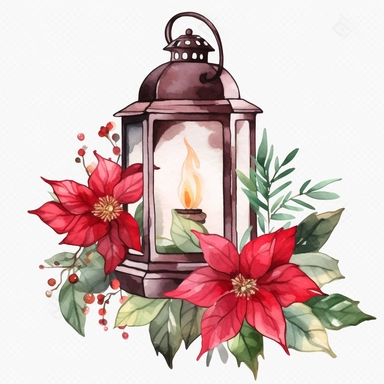 watercolor Christmas card with a lantern, poinsettias, and fir branches Handpainted holiday composition with flowers Full body realistic cartoon in 32K UHD cute. 15 cm thick outline. Black color. There was no shadow on the ground. 8k with realistic watercolors and detailed illustrations. PNG clipart, transparent white background