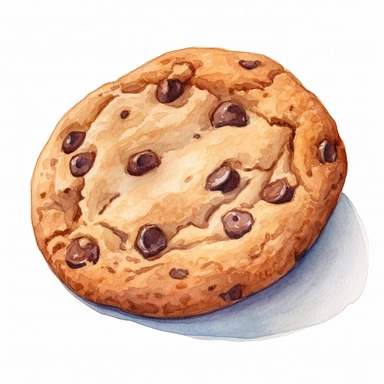 watercolor, hyper realistic, white background, white margins, 16k, ultra detailed clipart, cut out image, hand-drawn a chocolate chip cookie, with shades of brown and beige,children's book illustrations, soft watercolours, pictorial fabrics, light color