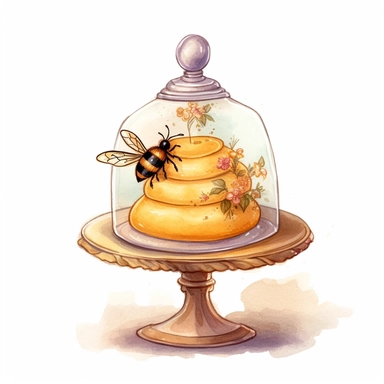 whimsical watercolour clip art honey cupcake under a glass dome with bee decorations
