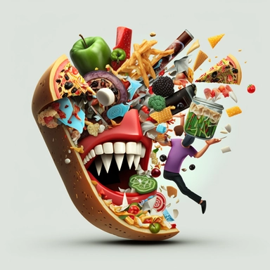 Healthy foods fighting against processed foods, with transparent background, insane detail, HD, 4k, as cartoon,3D clipart