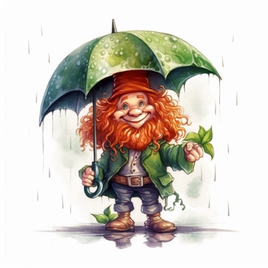 Cute Adorable magical little leprechaun with a cylinder hat and a red beard holds laterally a umbrella in his hand wears a raincape and stand in the rain on a country road, clipart, photorealistic illustration, watercolor, high detail, 8k polished, 8k, vibrant colors, white background