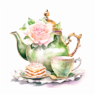 watercolor, hyper realistic, white background, white margins, 16k, ultra detailed clipart, cut out image, hand-drawn, whimsical manhwa style, ultra HD, sharp and clean art a vintage teapot, teacup, and saucer, adorned with roses, ready for a delightful tea party in the garden. Soft Pink and Emerald Green - Create a romantic and enchanting atmosphere with a color scheme consisting of soft pink shades for the roses and lush emerald green for the foliage