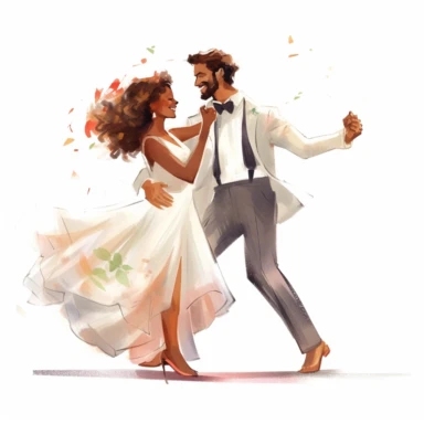 Athletic Afro-Caribbean bride and slim Caucasian groom, dancing gracefully at the reception, elegant and enchanting, watercolor, Pixar style, Clipart on a white background.