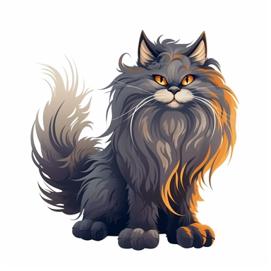 Clip Art of FRIGHTENING HALLOWEEN THEME Big Maine CAT Breed with with Extra long thick Fantasy hair a beautiful thick fluffy tail and elongated ears that are tufted, FANGS, CLAWS, 2D, VECTOR on white background